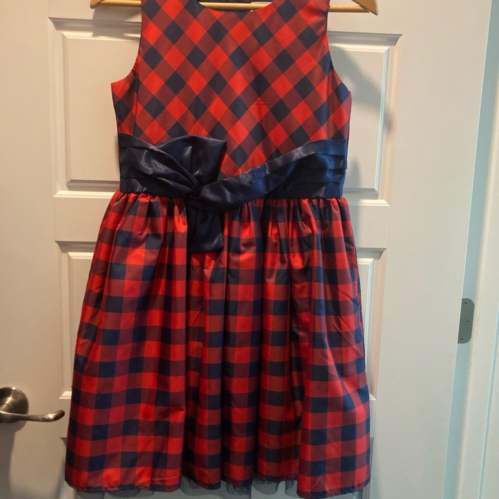Red and blue plaid dress with bow